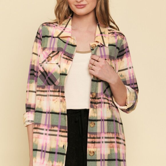 MYSTREE Plaid Button Down Shirt, Multicolor Pink Purple Green Oversized Shirt - Picture 3 of 7